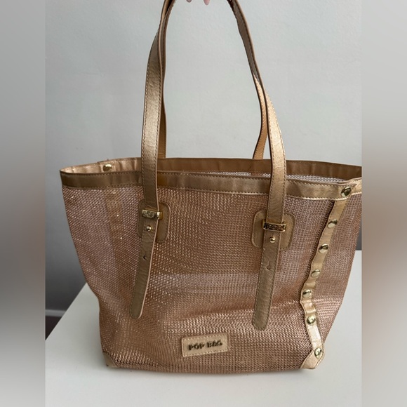 POP BAG Handbags - POP BAG Italy Shimmering Gold Tote Like New Mesh Bag Retail $200